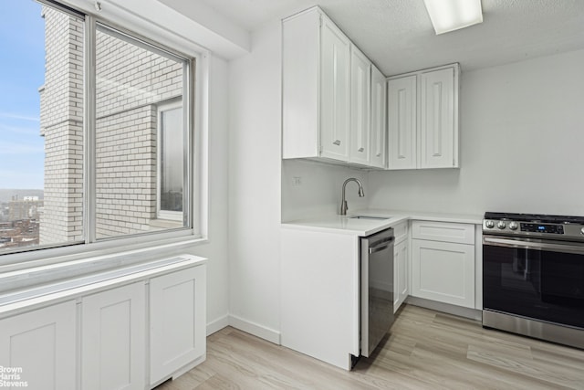 kitchen featuring a sink, light wood-type flooring, white cabinetry, and stainless steel appliances