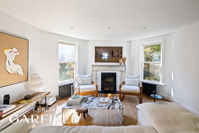 living area featuring radiator, a fireplace, baseboards, and wood finished floors