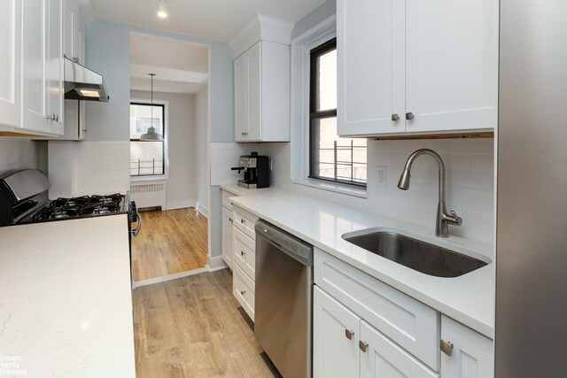 kitchen with a sink, white cabinets, dishwasher, light wood finished floors, and radiator heating unit