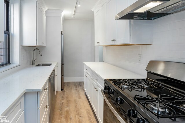 kitchen with white cabinets, appliances with stainless steel finishes, light wood-type flooring, under cabinet range hood, and a sink