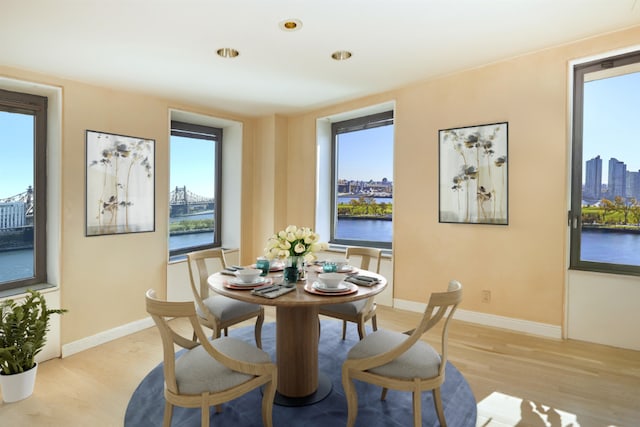 dining space with a water view and light hardwood / wood-style floors