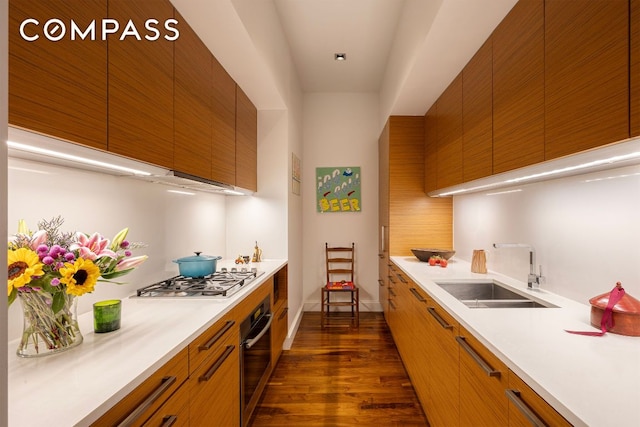 kitchen featuring light countertops, appliances with stainless steel finishes, dark wood-type flooring, and a sink