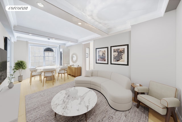 141 E 88th St Unit 10A, New York City, NY 10128 - living room with wood finished floors, recessed lighting, and crown molding