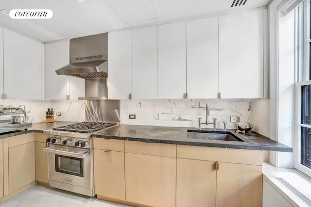 141 E 88th St Unit 10A, New York City, NY 10128 - kitchen with high end stainless steel range, backsplash, wall chimney exhaust hood, and dark stone counters