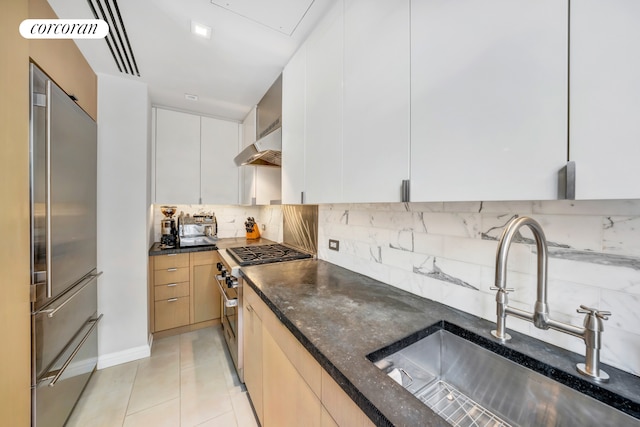 kitchen featuring under cabinet range hood, high quality appliances, decorative backsplash, modern cabinets, and a sink