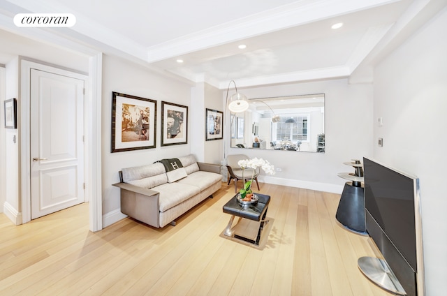 141 E 88th St Unit 10A, New York City, NY 10128 - living room featuring light wood finished floors, recessed lighting, and ornamental molding