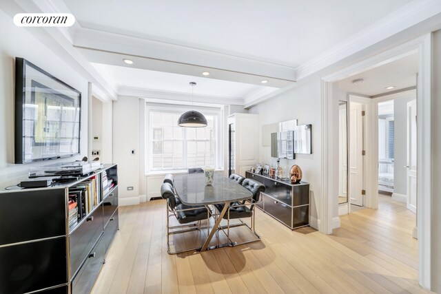 141 E 88th St Unit 10A, New York City, NY 10128 - dining space with crown molding, light wood-type flooring, and recessed lighting