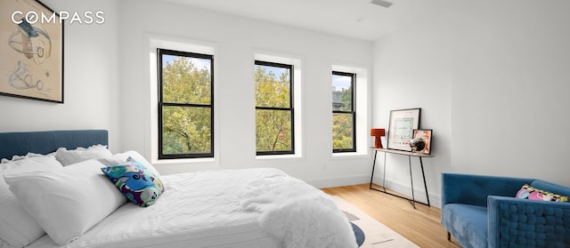 bedroom featuring multiple windows, wood finished floors, and baseboards