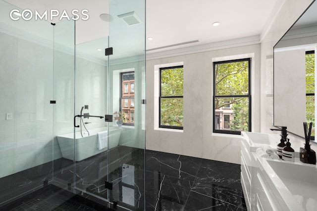 bathroom featuring ornamental molding, marble finish floor, visible vents, and a shower stall