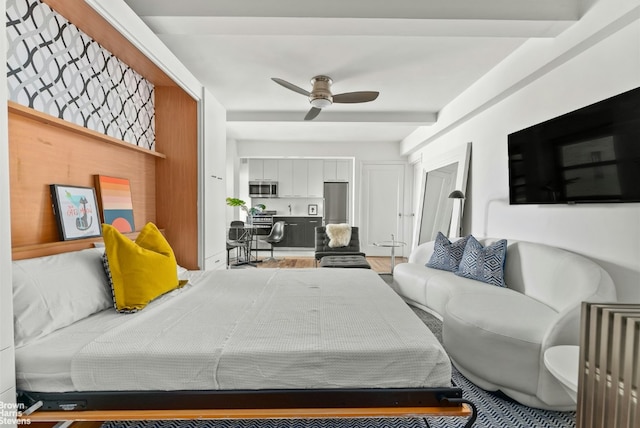 bedroom with beam ceiling and ceiling fan