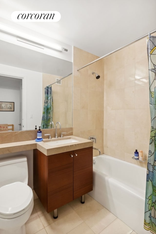 bathroom with tile patterned flooring, visible vents, toilet, shower / tub combo with curtain, and vanity