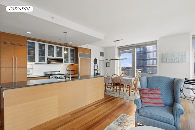 kitchen featuring dark countertops, visible vents, a sink, modern cabinets, and under cabinet range hood