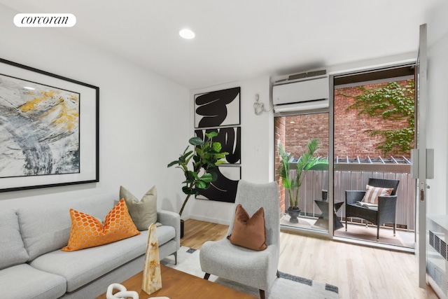 interior space featuring floor to ceiling windows, a wall mounted AC, and light wood-type flooring