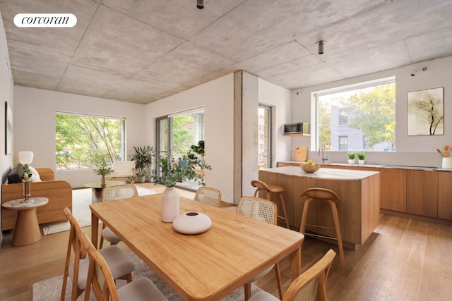 dining space with sink and light wood-type flooring