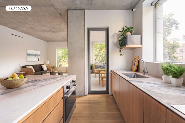 kitchen with sink, oven, and light hardwood / wood-style flooring