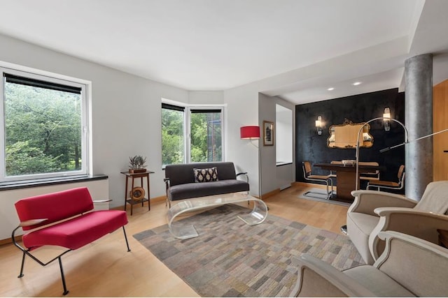 living room with baseboards and wood finished floors