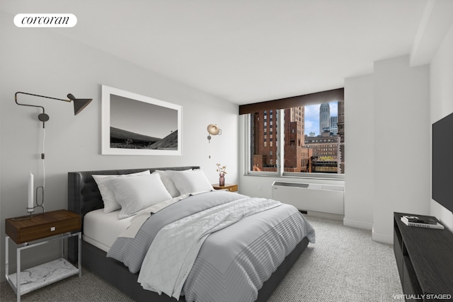 bedroom featuring radiator heating unit and carpet