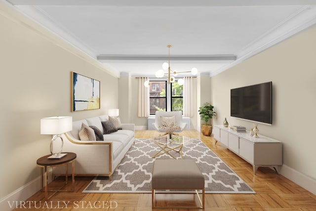 living room featuring beamed ceiling, ornamental molding, a chandelier, and light parquet flooring