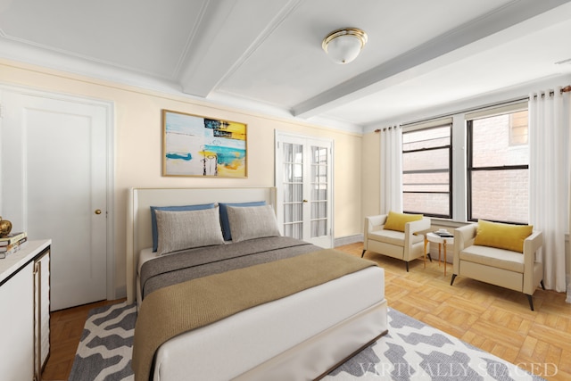 bedroom featuring beam ceiling and french doors