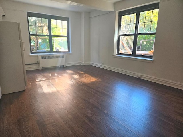 unfurnished room with dark hardwood / wood-style floors and radiator heating unit