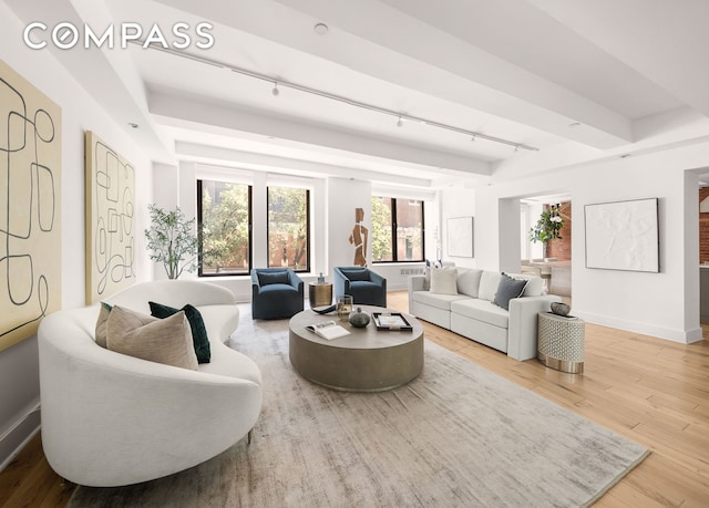 living area featuring track lighting, baseboards, and wood-type flooring