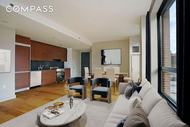 living room with light wood-type flooring and sink