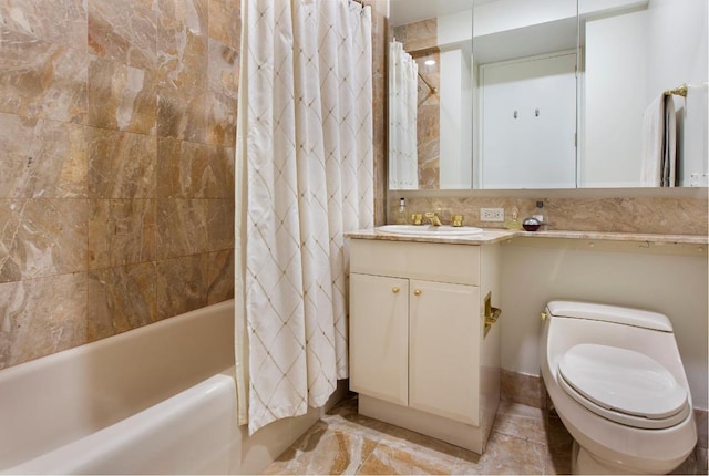 full bathroom featuring toilet, vanity, and shower / bath combo with shower curtain