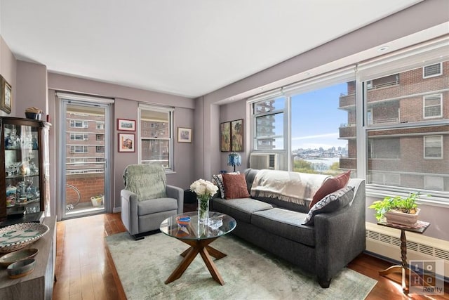 living area with a baseboard radiator, radiator heating unit, and wood finished floors