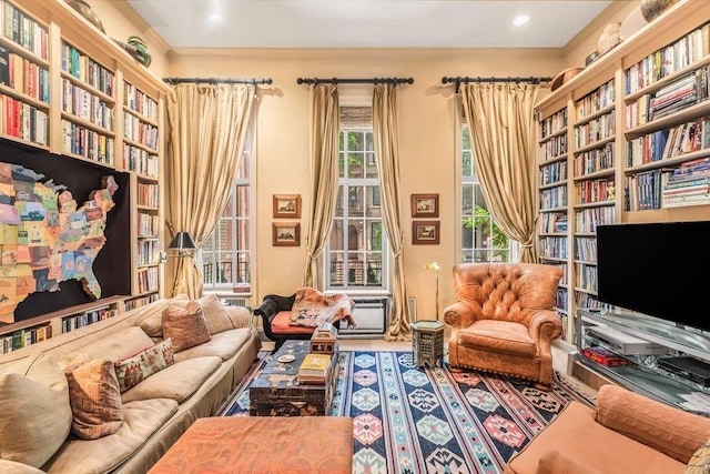 living area featuring bookshelves