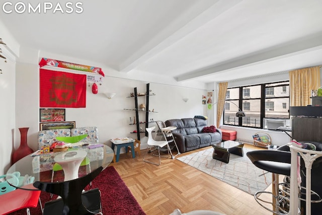 living room with parquet flooring and beamed ceiling