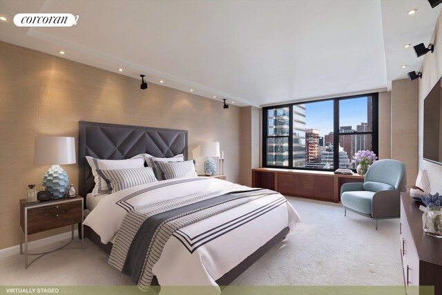 bedroom with recessed lighting, light colored carpet, and visible vents