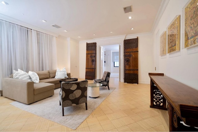 living room with crown molding