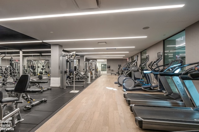 gym featuring wood-type flooring