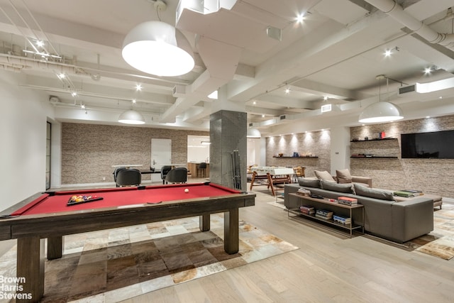 playroom featuring billiards, beam ceiling, and light hardwood / wood-style flooring