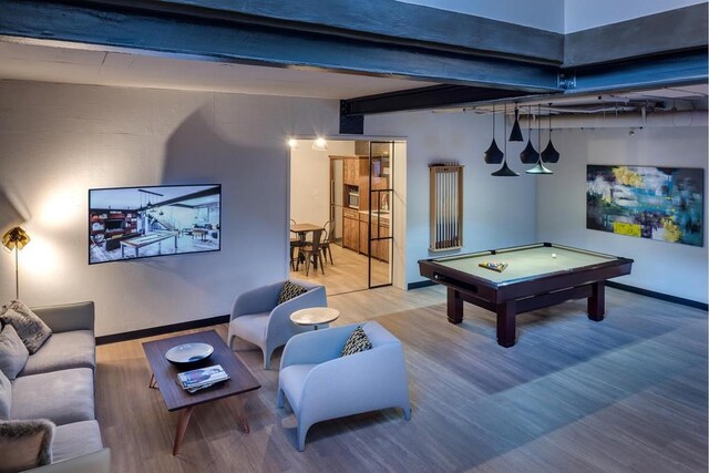 game room with beam ceiling, billiards, baseboards, and wood finished floors