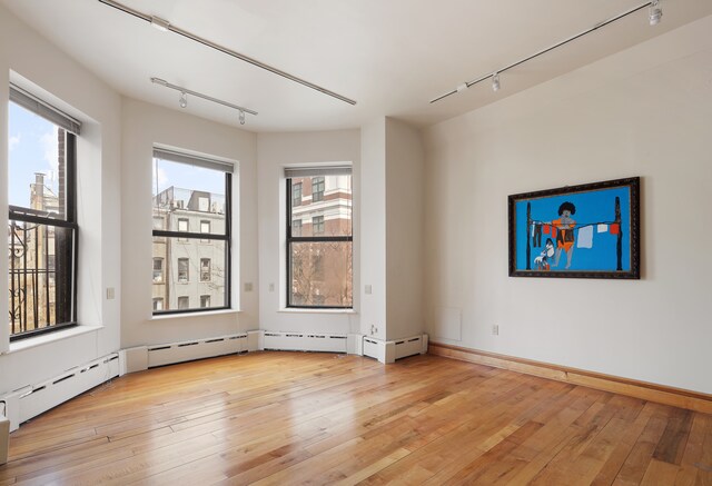 empty room with plenty of natural light, track lighting, and light wood-style floors