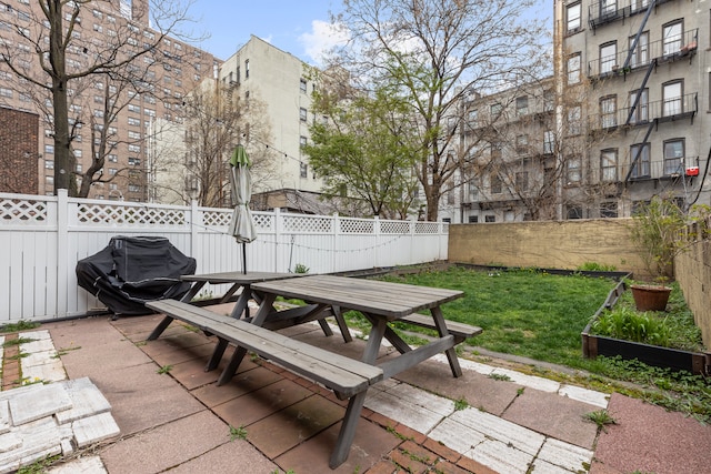 view of patio featuring a fenced backyard and outdoor dining space