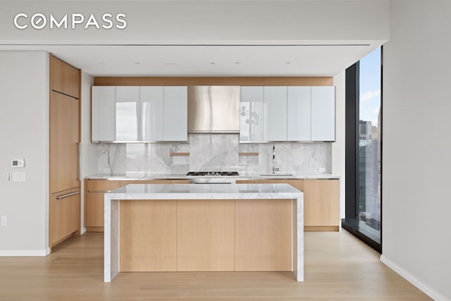 kitchen with tasteful backsplash, a center island, light wood-style floors, modern cabinets, and a sink