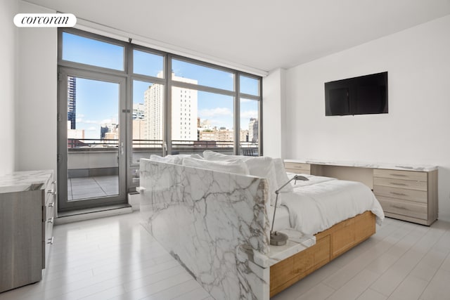 bedroom featuring light hardwood / wood-style flooring and expansive windows