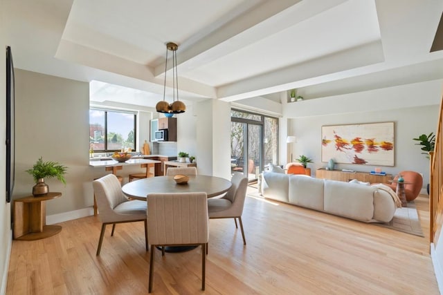 dining space featuring light hardwood / wood-style flooring and a raised ceiling