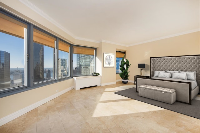 bedroom featuring a view of city, crown molding, and baseboards