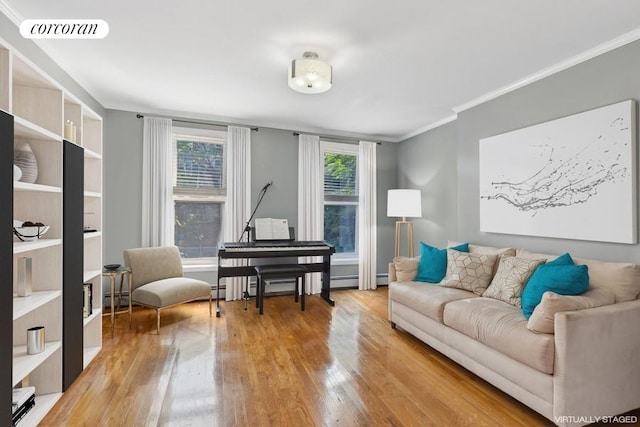 living room with light wood-type flooring, visible vents, and ornamental molding