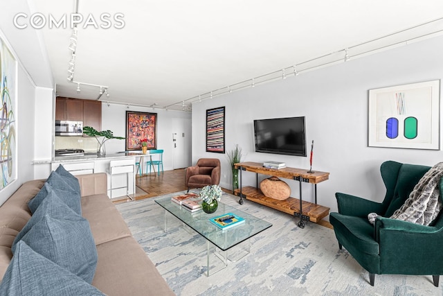 living area with track lighting, baseboards, and light wood finished floors