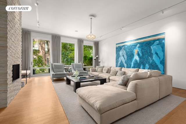 living area featuring light wood-type flooring, a fireplace, and rail lighting