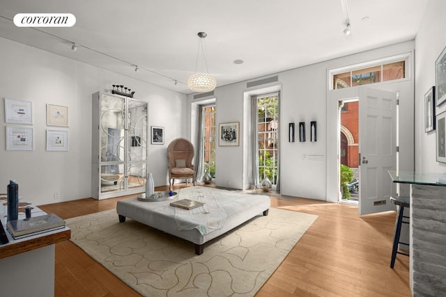 interior space featuring light wood-type flooring, rail lighting, and visible vents