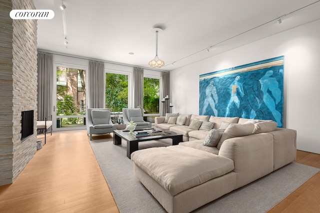 living area with light wood-type flooring, rail lighting, and a fireplace