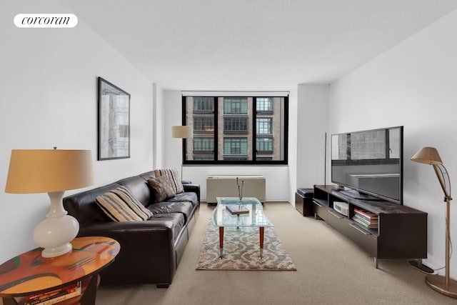 living room featuring visible vents, radiator heating unit, and carpet