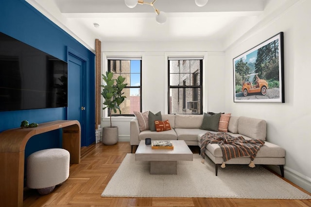 living room with light parquet floors