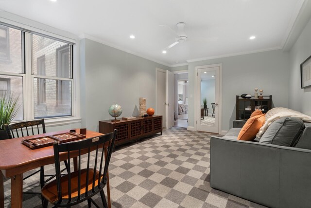 interior space with ornamental molding, a healthy amount of sunlight, and recessed lighting