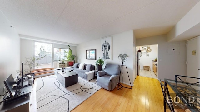 living room with a textured ceiling and hardwood / wood-style flooring